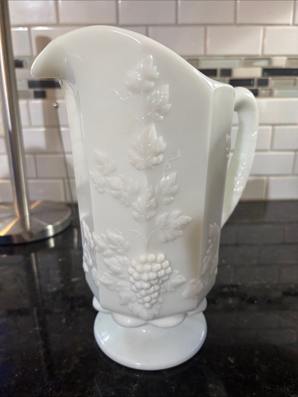 White Milk Glass Pitcher with Grape & Leaf Relief